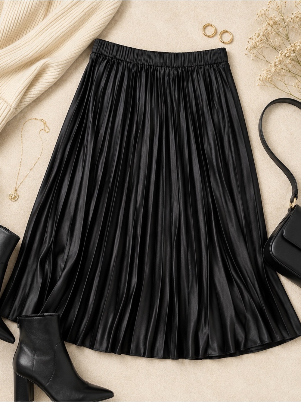 Free Assembly Black Satin Pleated Midi Skirt Size M 8-10